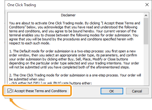Click OK to enable the one-click trading