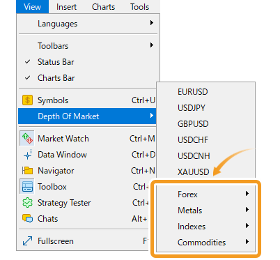 Open the Depth of Market window from the menu