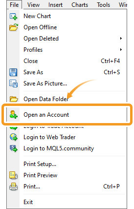 Select Open an Account from the file menu on MT4