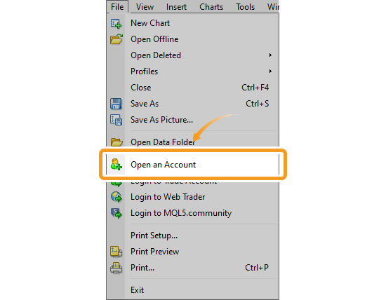 Select Open an Account from the file menu on MT4