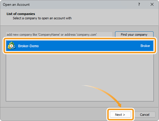 Select a server on the Open an Account window