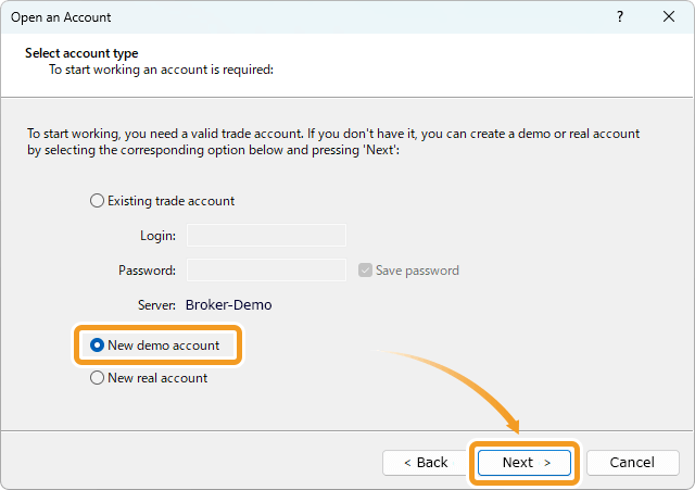 Select New demo account on the Open an Account window