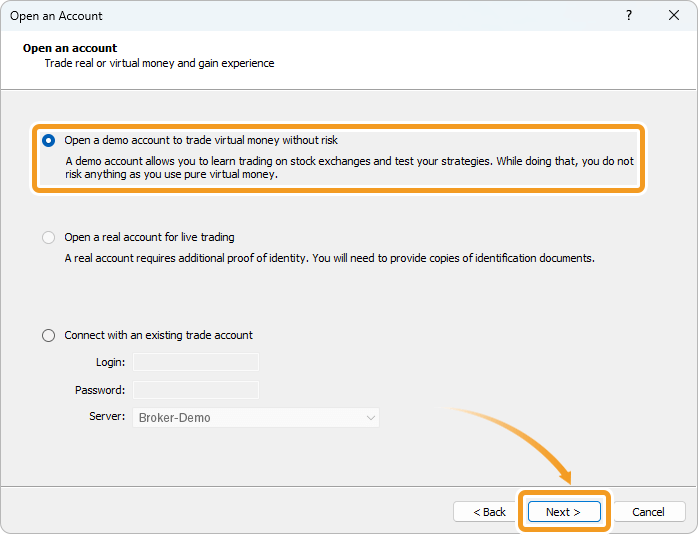 Select New demo account on the Open an Account window
