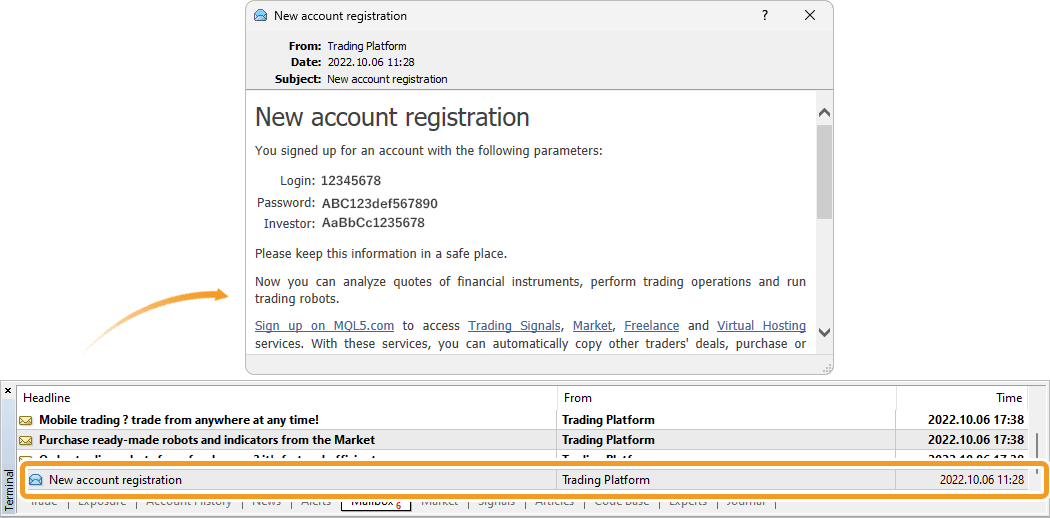 New account registration message in the Mailbox