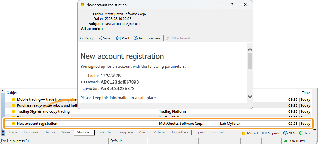 New account registration message in the Mailbox