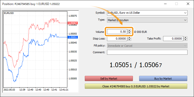 In the Volume field, set the volume to close in lots 