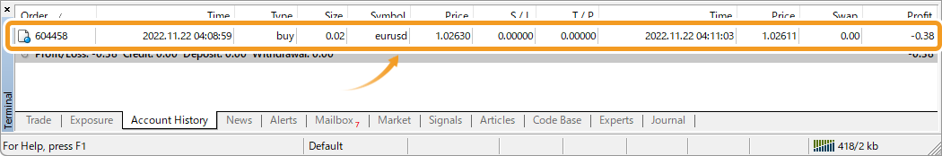 View the partial position closed in the Account History tab