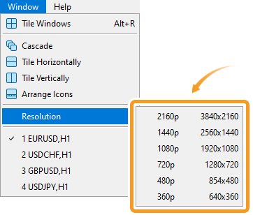 Click Window in the menu and hover the pointer over Resolution to select your preferred screen resolution from the list.