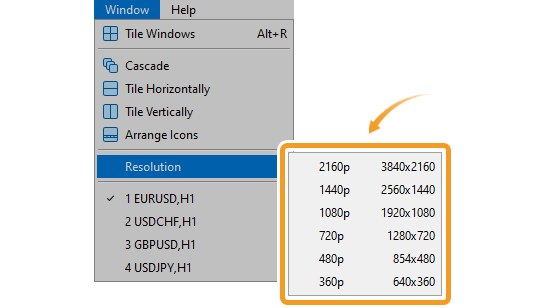 Click Window in the menu and hover the pointer over Resolution to select your preferred screen resolution from the list.