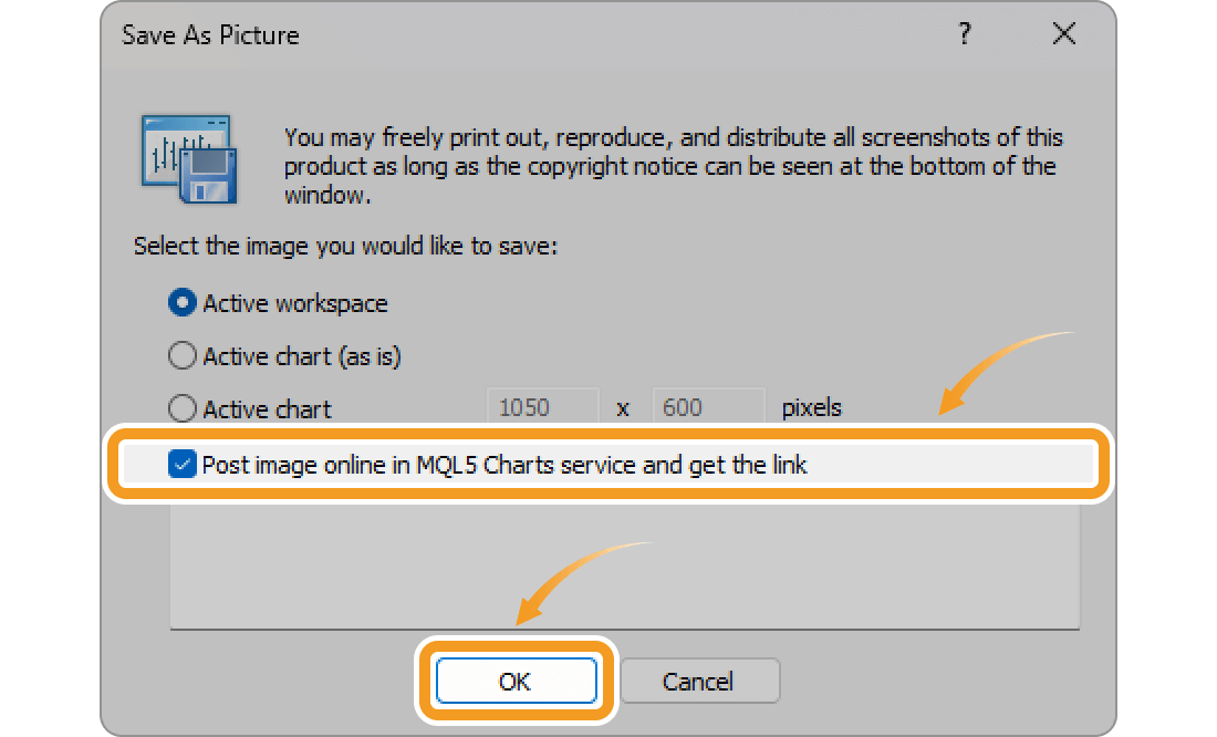 Upload the image to the MQL5 Charts service and get the link