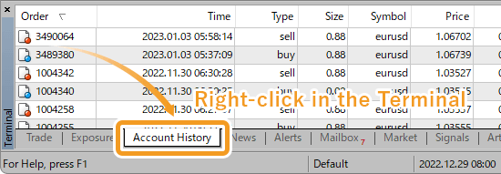 Right-click in the Account History