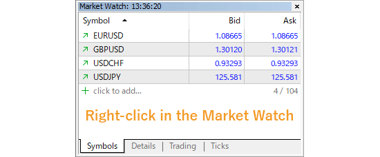 Right-click in the Symbols tab of the Market Watch