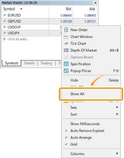 Select Show All in the context menu