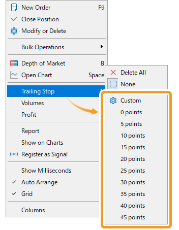 In the context menu, move the pointer to Trailing Stop to select the trailing stop level
