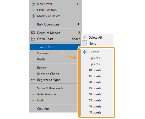 In the context menu, move the pointer to Trailing Stop to select the trailing stop level