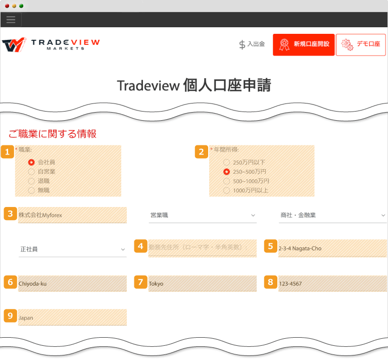 Tradeview・所得入力画面