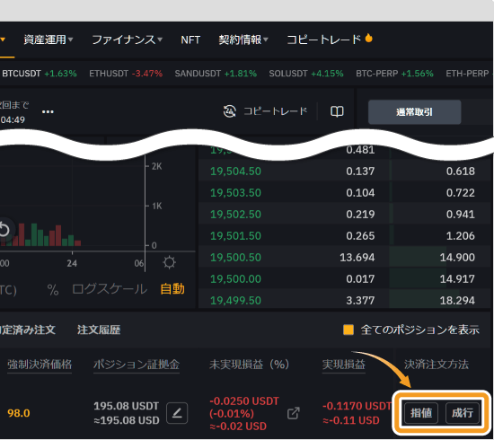 Bybitのポジション確認画面