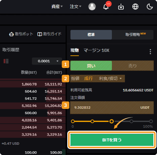 Bybitで成行でBITを購入する方法