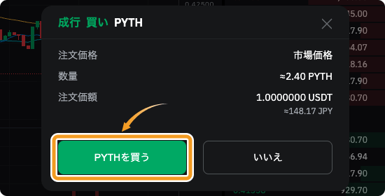 BybitでのPYTHの成行購入確認画面