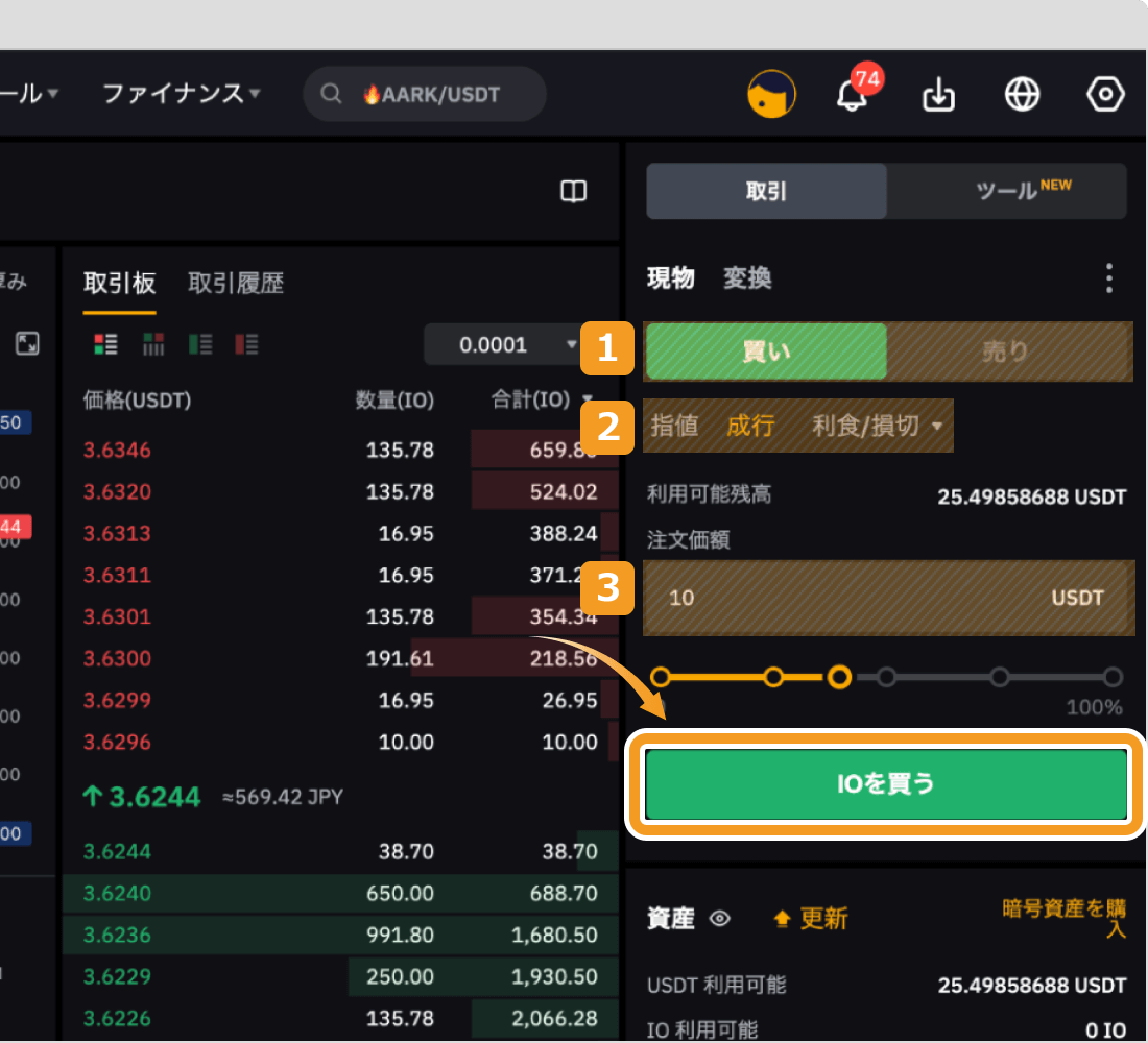 Bybitで成行でIOを購入する方法