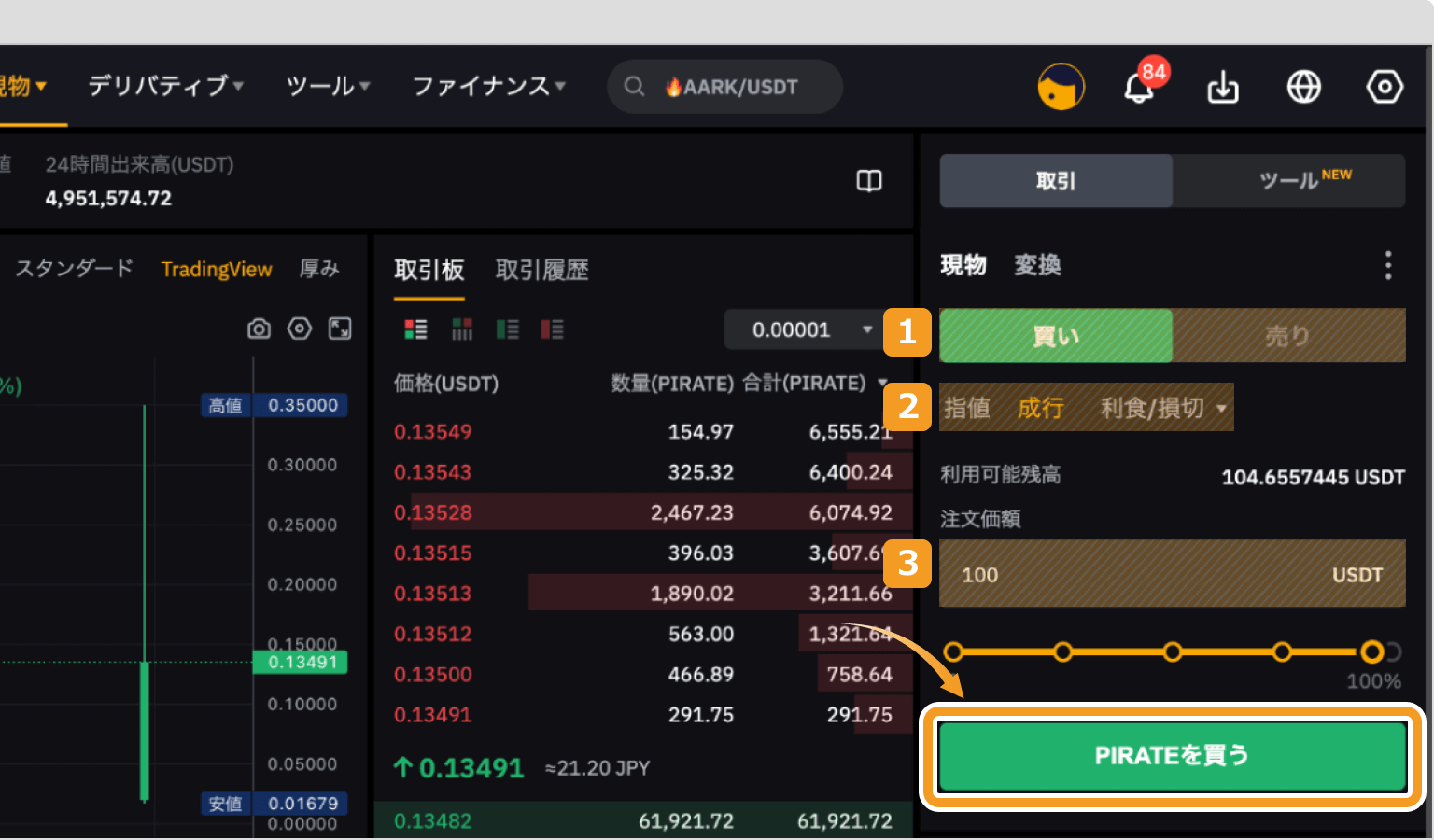 Bybitで成行でPIRATEを購入する方法