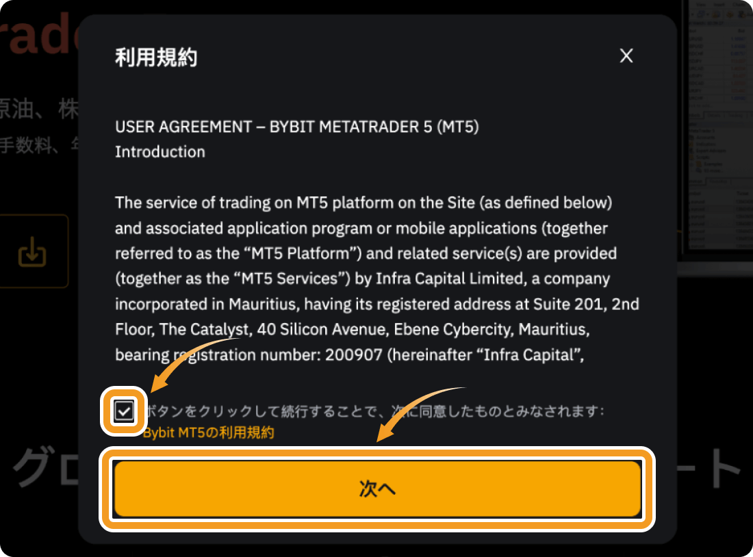 BybitのMetaTrader5利用規約画面