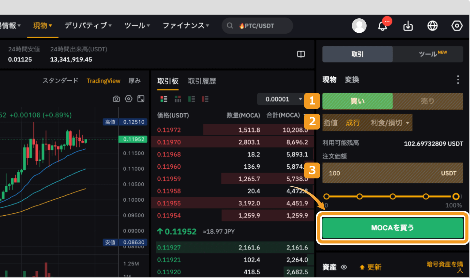 Bybitで成行でMOCAを購入する方法