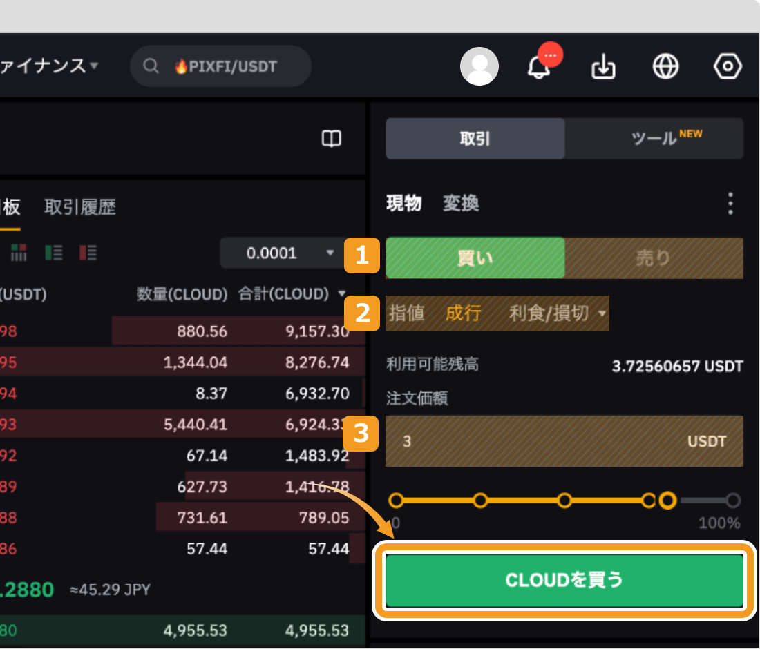 Bybitで成行でCLOUDを購入する方法