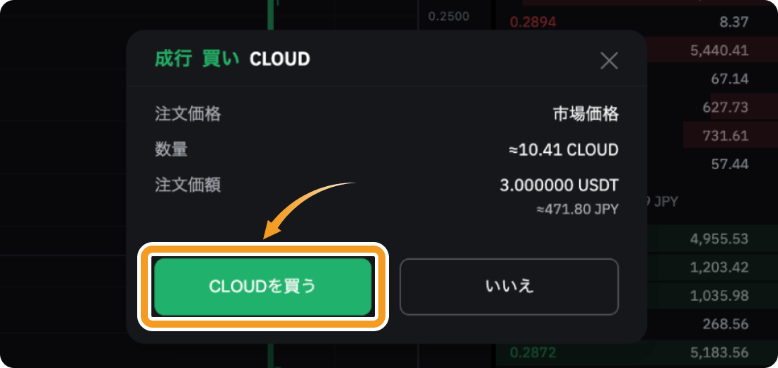 BybitでのCLOUDの成行購入確認画面