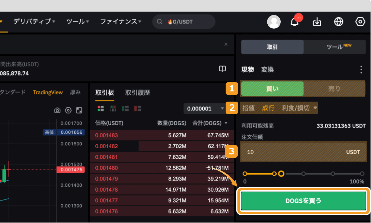 Bybitで成行でDOGSを購入する方法