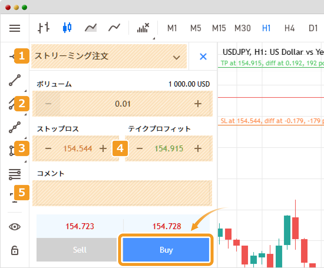 MT5ウェブトレーダーでの成行注文画面