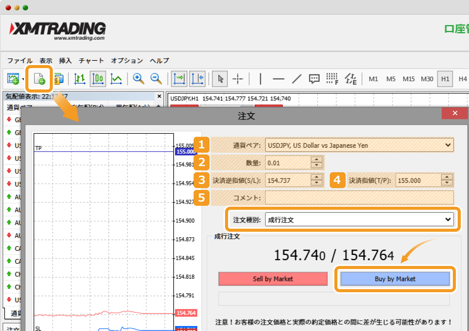 MT4ウェブトレーダーでの新規成行注文