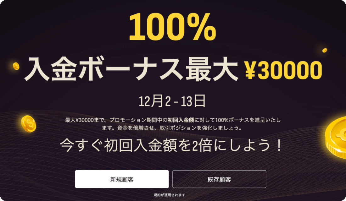 最大100%入金分ボーナスの開催期間