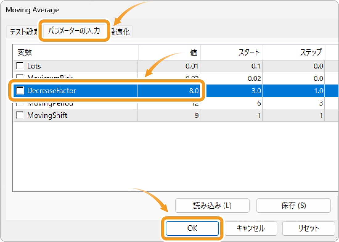 ストラテジーテスターのパラメータ画面