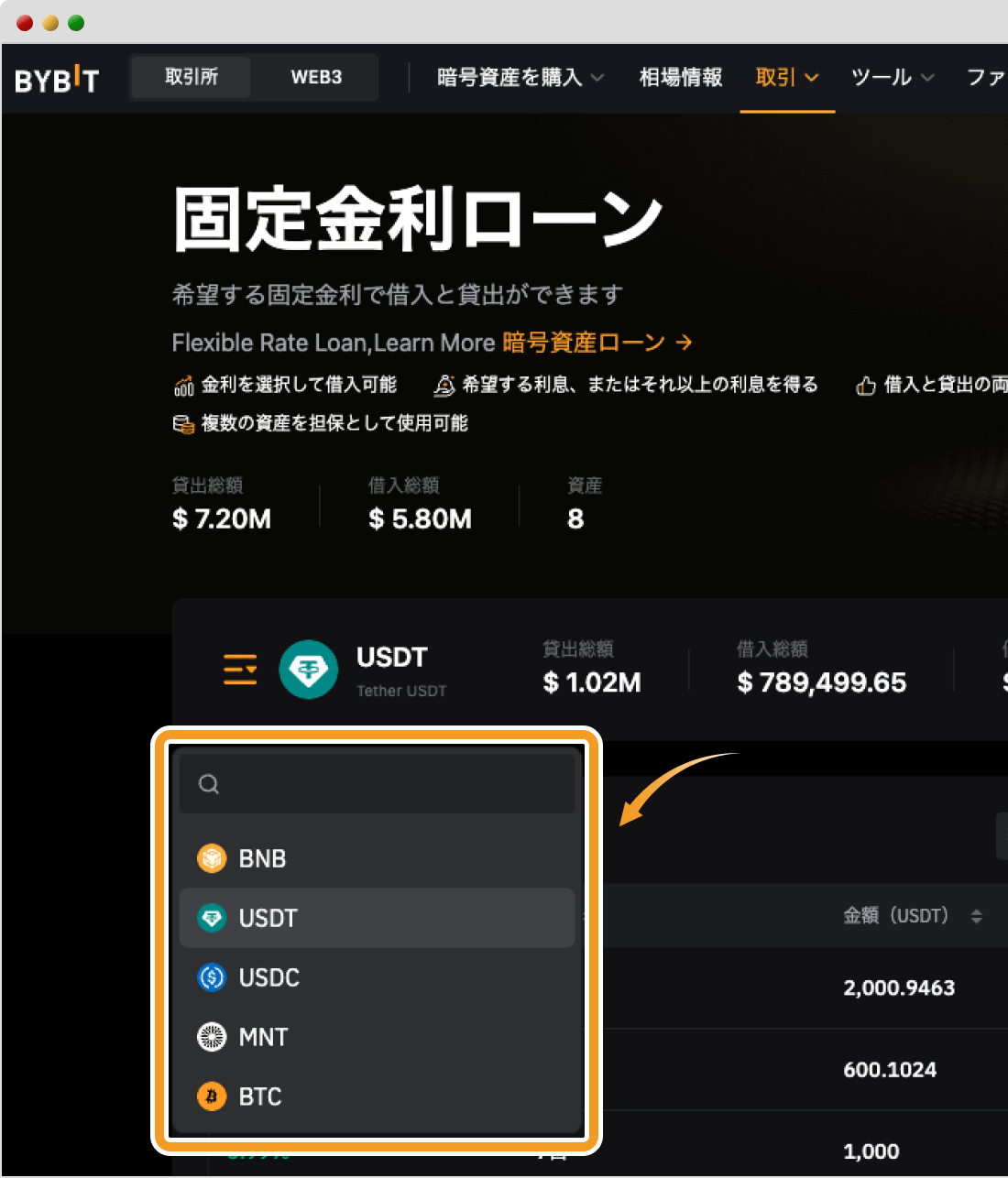 Bybitの固定金利ローン画面