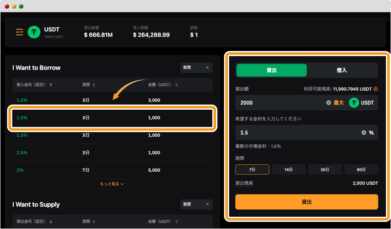 Bybitの固定金利ローン一覧画面