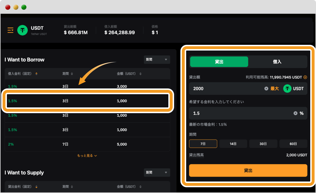 Bybitの固定金利ローン一覧画面