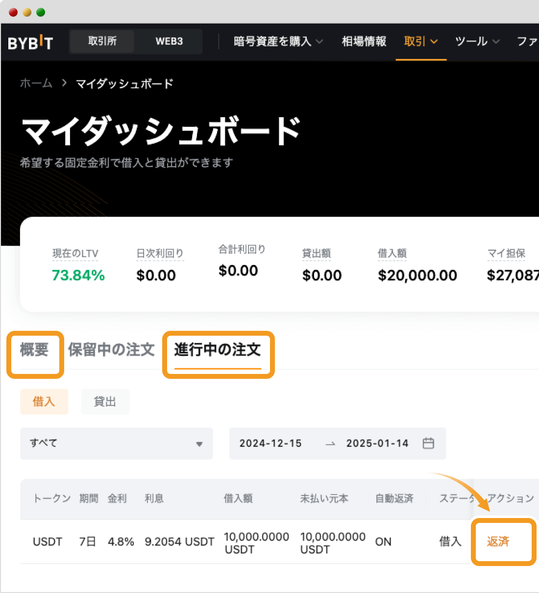 Bybitの固定金利ローンのマイダッシュボード画面（進行中の注文）