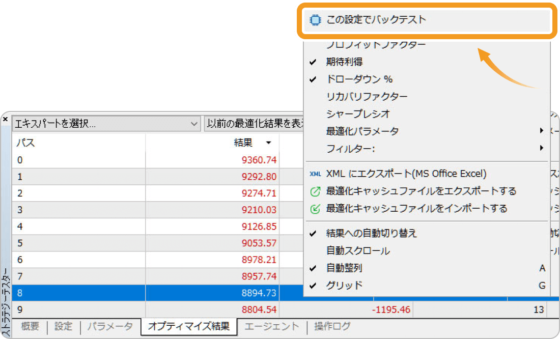 ストラテジーテスターのバックテストの画面