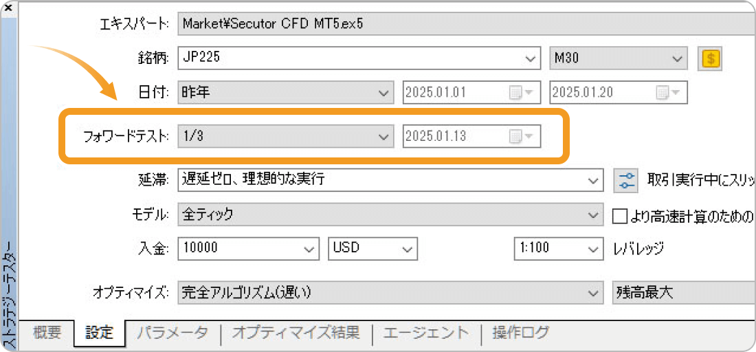ストラテジーテスターのフォワードテストの画面