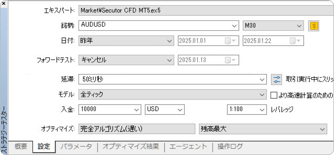 ストラテジーテスターの初期画面