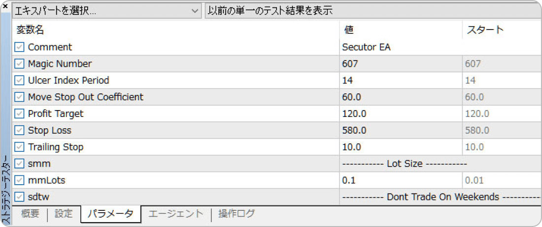 ストラテジーテスターの設定画面