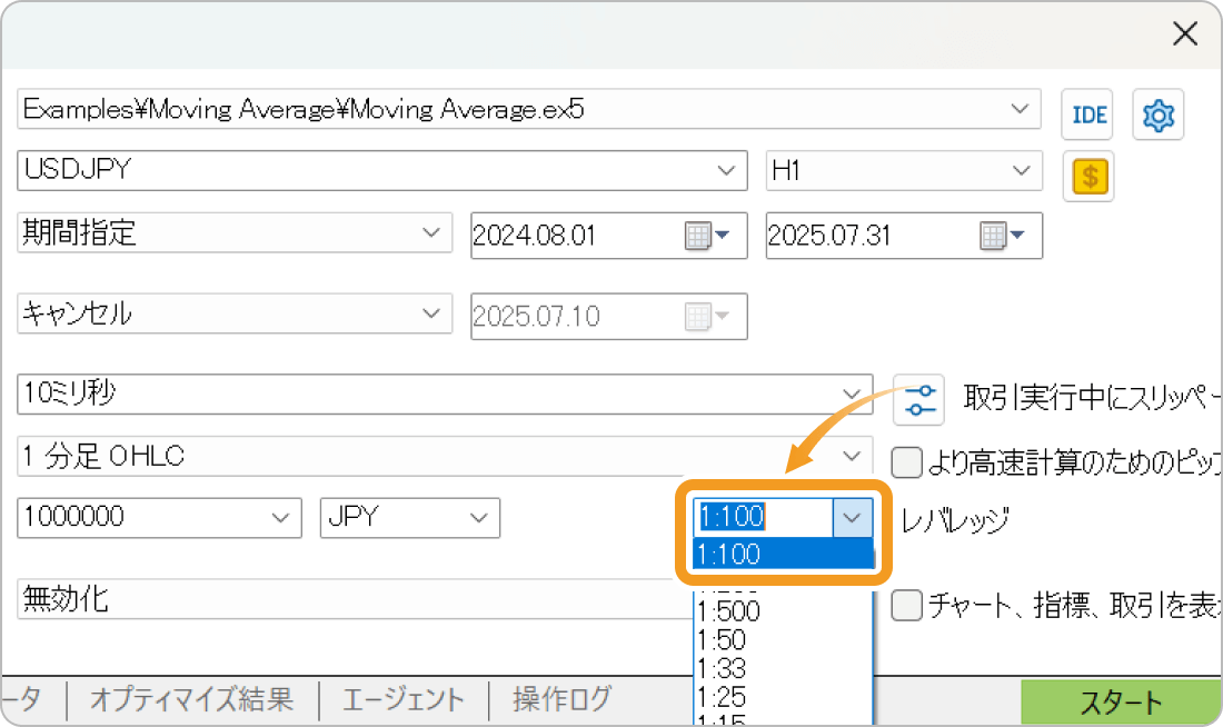 MT5のストラテジーテスターの設定画面（レバレッジ選択）