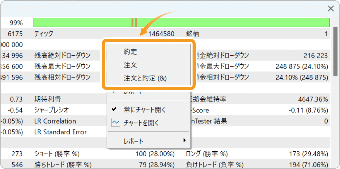 MT5のストラテジーテスターの結果画面（トレード履歴プルダウン）