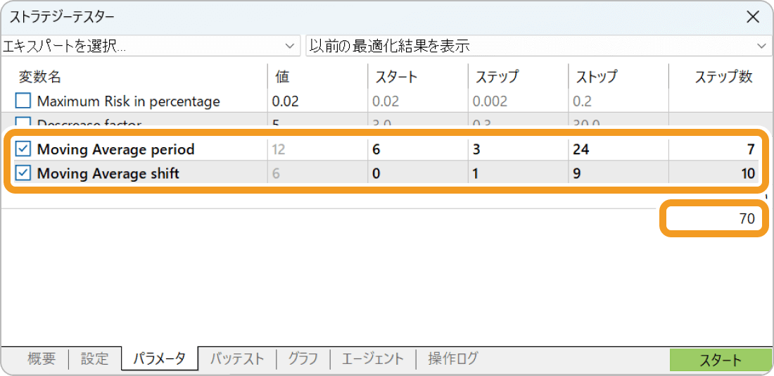 MT5のストラテジーテスターのパラメータ画面（選択）