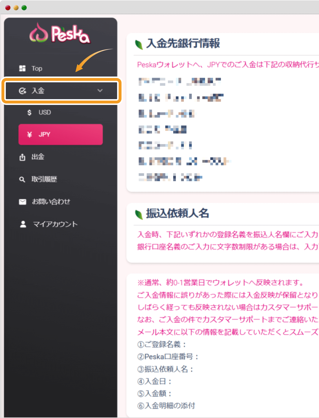 peskaへの入金画面