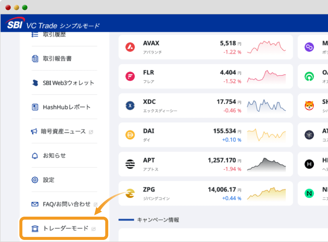 SBI VCトレードのシンプルモードトップ画面