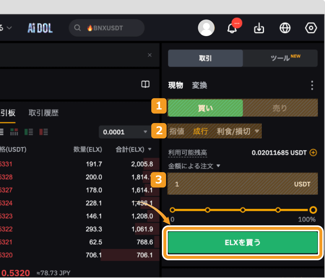 Bybitで成行でELXを購入する方法