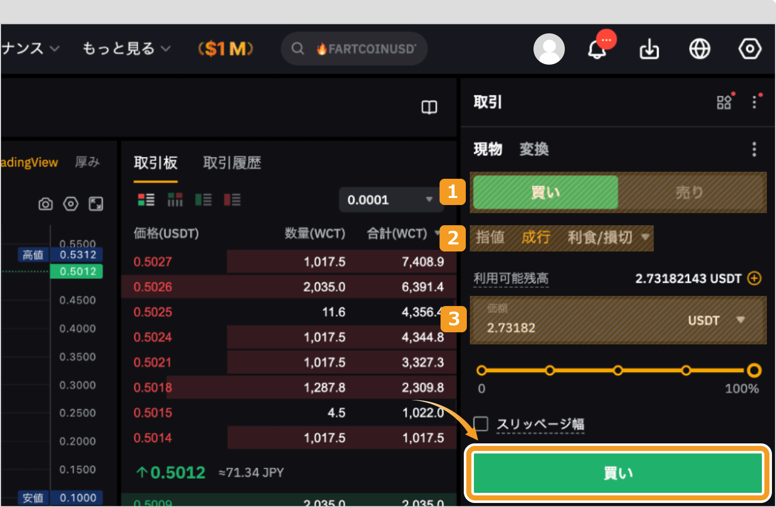 Bybitで成行でWCTを購入する方法