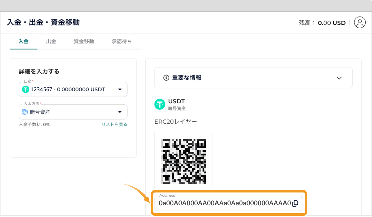 ウォレットアドレスの表示画面